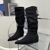 Botas de gamuza de tacón alto estilo europeo hasta la rodilla, nuevo modelo de verano, punta fina, botas de mujer elegantes y estilosas para calzar sin cordones