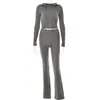 Traje con Capucha de Punto Transfronterizo Europeo y Americano 2025 Nuevo Moda Femenina Sexy Pantalones de Cintura Alta de Manga Larga Conjunto de Dos Piezas