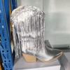 Botas de Moda de Media Caña Transfronterizas Europeas y Americanas para Mujer Talla Grande Retro Tacón Grueso Pie Fruncido Boca en V Caballero del Oeste