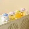 Taza de vidrio con tapa de animal de dibujos animados lindos, taza de agua de cerámica de alta estética para niñas, taza a juego para parejas, taza para beber de oficina