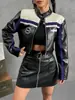 Top Corto de Cuero Estilo Americano Cuello Alto para Mujer 2024 Otoño e Invierno Nuevo Fresco Chaqueta con Cremallera y Solapa a Rayas