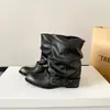 Botines western estilo uva con tacón grueso, punta redonda plisada, botas de montar estilo pantalón, botas con hebilla de cinturón negra vintage