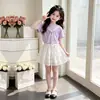 Shawl de Verano a Rayas de Bloques de Color para Niños Grandes Manga Corta Moda Estilo Coreano Falda Corta Falda Dulce de Pastel Conjunto de Dos Piezas Dopamina