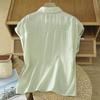 Camisa Fashion Manga Curta com Gola Polo Verde para Mulheres, Novo Estilo de Verão, Blusa Casual Artística Plus-Size com Design Solto