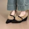 Sapatos Peludos de Bico Fino para Mulheres, Saltos Anabela de Camurça Estilo Retrô, Fivela de Tira Única, Sapatos Mary Jane com Forro de Lã