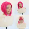 Peluca corta recta estilo bob de color rojo rosa para mujer, transfronteriza europea y americana, hecha de fibra sintética de alta temperatura con una red de rosa