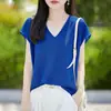 Primavera/Verano 2026 Nuevo Lino Perlado Cuello en V Borde Enrollado Tejido Manga Corta Camiseta Base Color Sólido para Mujer
