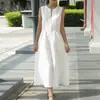 En stock 2024 EBAY AliExpress Amazon Vestido sin mangas con cuello en V, cinturón en la cintura, dobladillo de algodón y lino con abertura