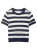 Verão 2026 Nova Roupa Feminina Estilo Europeu e Americano Gola Color Block Fina Manga Curta Tricô Top Curto Gola Redonda