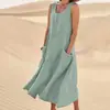 Estação Independente da Amazon wish2023 Verão Europeu e Americano Comércio Exterior Bolso Sem Mangas Gola Redonda Vestido Feminino de Algodão e Linho