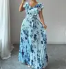 Vestido Longo Estampado Floral de Verão 2026 com Manga Bufante e Decote V Estilo Europeu e Americano Elegante Romântico Vestido Plissado