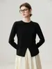 Estilo minimalista~Suéter de cachemira de punto para mujer, nuevo diseño de otoño e invierno, cuello redondo, abertura frontal, cintura entallada, jersey