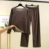 Conjunto de ropa interior térmica de cuello redondo para mujer, nuevo modelo de otoño e invierno, hecho de terciopelo alemán con forro polar cepillado de doble cara, engrosado, talla grande, top de otoño de dos piezas