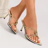 Sandálias de Salto Alto com Tiras Finas para Primavera Femininas, Sapatos de Salto Alto Abertos na Ponta da Moda com Detalhe de Fivela de Metal, Saltos Agulha