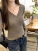 Estilo Coreano Cuello en V Tejido Mujer Otoño Versátil Camiseta Básica Ajustada Ropa de Trabajo Diaria Color Sólido Top Suéter