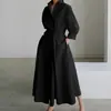 Roupas de Trabalho Elegantes Transfronteiriças Aliexpress Algodão e Linho Cor Sólida Gola Lapela/Polo Manga Comprida Cintura Elástica Bainha Larga Vestido