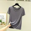 Camiseta casual feminina estilo coreano para primavera e verão, cor sólida nova, estilo preguiçoso, gola redonda elegante, manga curta, corte solto, simples