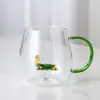 Taza de vidrio de borosilicato alto con asa de colores, taza de regalo de dibujos animados, taza de vidrio para jugo, taza con animal en 3D, taza de agua linda
