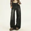 Calça Jeans Wide Leg Preta com Efeito Ondulado da Água Tendência 2025 para Mulheres, Jeans Reto Versátil Solto Retrô Tendência