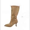 Botas Curtas Versáteis com Salto Bloco, Salto Alto Fino, Botas de Cowboy Western, Botas Curtas para Mulheres, Cor Damasco, Botas que Afinam até Meia-Panturrilha