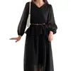 Vestido de gasa semitransparente elegante con cuello en V, de alta gama, para mujer, del distrito de Dongdaemun, Corea, con cinturón