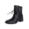 Botas estilo Martin de cuero de alta calidad, versátiles, colección de invierno 2026, con tacón medio grueso, punta redonda, detalle de hebilla y cordones de cuero genuino, botines para mujer