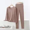 Conjunto de Ropa para el Hogar de Modal con Cuello Redondo para Primavera y Otoño Delgado Talla Grande Holgado Casual Manga Larga Cintura Alta Pantalones Largos Conjunto de Dos Piezas