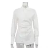 2025 Nova Camisa Branca de Algodão com Gola Lapela Manga Longa Cinturada para Mulheres com Design Cruzado Cardigã Assimétrico Top