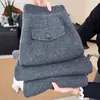 Pantalones Rectos de Lana Negros y Grises para Mujer, Nuevo Estilo Otoño e Invierno 2025, Casual, Forro Polar, Gruesos, Suaves, de Pierna Ancha, Largos