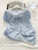 Novo Conjunto de Pijama de Algodão Fresco com Listras Nuvem Estilo Japonês para Mulheres, Verão Manga Bufante Renda Doce Manga Curta Shorts Conjunto de Duas Peças