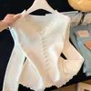 Tricô Patchwork de Renda com Decote V Francês Feminino Outono Inverno Elegante Versátil Emagrecedor Manga Longa Camada Base Feminina A1483