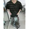 Camiseta de manga larga fina, translúcida, con efecto desgastado, de corte holgado, con rayas degradadas de otoño y dobladillo deshilachado, prenda de abrigo moderna para hombre