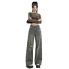 Jeans Rasgado Feminino 2024 Novo Verão Fino Americano Reto Solto Cintura Alta Pequeno Slim Pernas Largas