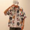 Camisa Floral de Manga Curta Super na Moda Estilo Hong Kong Chique Solta Casual Férias na Praia Camisa Havaiana de Flor com Meia Manga para Homens