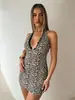 Verão 2026 Novo Amazon Transfronteiriço Estampa de Leopardo Gola Halter Decote V Costas Abertas Amarração Slim Moda Vestido Hot Girl