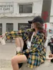 Tiro real: Camisa de manga longa xadrez color block casual versátil de corte solto, nova para outono e inverno, estilo coreano ins, para mulheres 19616