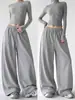 Calça Jogger Cinza Feminina Primavera Outono Nova Solta Emagrecimento Caimento Perna Larga Preguiçosa Versátil Casual Calça Esportiva