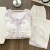 Pijama Estilo Princesa para Mulheres, Primavera/Outono, Bojos Finos Embutidos, Renda de Algodão Nuvem, Conjunto de Roupa de Casa com Blusa de Manga Longa e Calça Longa