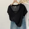 Camiseta Branca de Manga Curta com Decote V e Estampa de Floco de Neve de Algodão e Linho, Vendida Quente na Europa para Mulheres, Novo Estilo Verão 2026, Levemente Transparente, Top 'Pure Desire Hot Girl'
