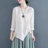 Camiseta Feminina de Algodão e Linho Plissada Slim de Manga Curta para Primavera e Outono 2024 com Barra Irregular Loose Slim Top