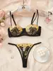 Conjunto de Lencería Bordado Floral Negro y Rojo Estilo Europeo y Americano, Conjunto de Dos Piezas de Encaje Transfronterizo Sujetador y Tanga