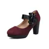 Sapatos Mary Jane Femininos Camurça Bico Redondo Salto Grosso Salto Alto Laço Fofo Tira de Velcro Sapatos Lolita