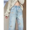 Jeans Rectos Azules Claros Bordados de Dachshund para Mujer, Nuevos de Otoño de Cintura Alta Adelgazantes con Forro Polar de Pierna Ancha