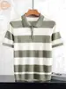 Camisa Polo Rayada 100% Lyocell Tencel Media Cremallera Tejida Manga Corta Top Casual para Hombre Verano Cuello Camisero Camiseta