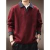 Camisa tipo polo de mezclilla pesada de alta gama con bloques de color, estilo falso dos piezas, para hombre, Otoño, Retro Americano, corte holgado, sudadera con cuello de solapa para hombre