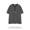 Camiseta Masculina Casual de Algodão Puro com Listras, Gola Henley Retrô, Manga Curta, Corte Solto, Botões