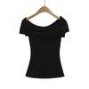 25 Camiseta de Manga Corta Nueva de Verano Estilo Puro Lujuria Asimétrica de un Hombro Oblicuo con Giro para Mujer Verano Nueva Cintura Ajustada