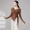 Conjunto de práctica de danza moderna para mujer, top de manga larga irregular con paneles de malla en la parte delantera y trasera, ropa de entrenamiento corporal diario para estudiantes de danza