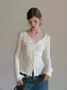 EGKA Renda Patchwork Francesa Gola com Babados Malha Fina Top para Mulheres Outono Temperamento Emagrecedor Falso Top Duas Peças