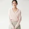 Diseño de estilo francés, colección de otoño 2026: suéter de punto para mujer con cuello en V, cruzado, manga corta, suéter de cachemira de manga larga